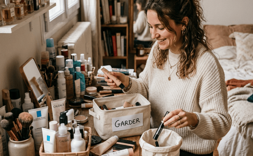 Woman sorting cosmetics into keep, discard, and donate bins