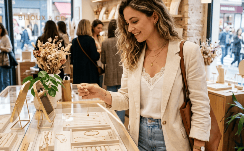 Woman examining a necklace at a jewelry display counter